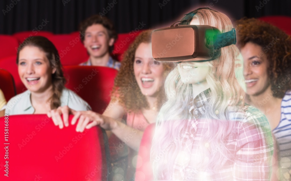 Poster composite image of pretty casual worker using oculus rift