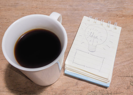 White Cup of coffee and litter notebook with word "Idea" on the table.