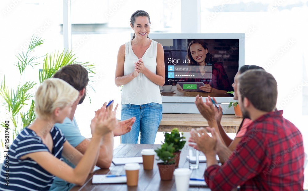 Poster composite image of colleagues clapping hands in a meeting