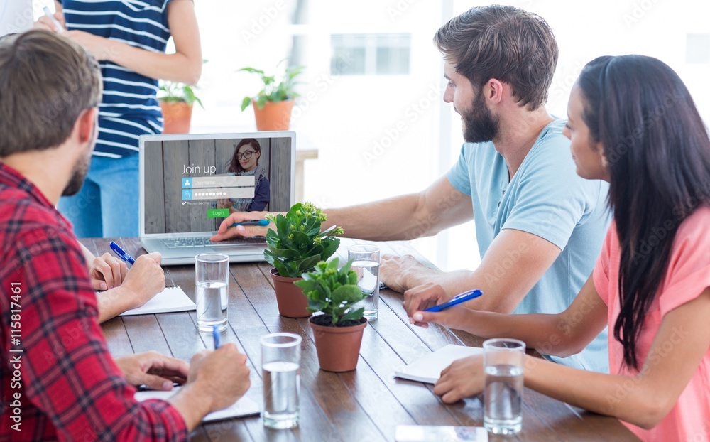 Poster composite image of business team using a laptop