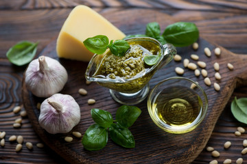 Closeup of freshly made basil pesto sauce, selective focus