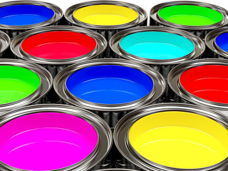 Colorful oil paints in open cans. 3D illustration 
