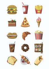 Fast food colorful icons set. Flat design.