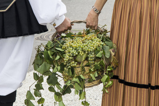 QUARTU S.E., ITALIA - SETTEMBRE 15, 2013: Sagra dell'uva, in onore dei festeggiamenti di Sant'Elena - Sardegna - cesto di uva tenuto in mano da due persone in costume sardo