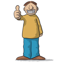 a character with thumb up