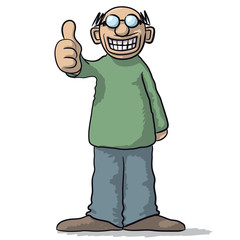 a character with thumb up