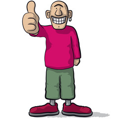 a character with thumb up