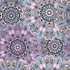 Pastel violet ornament with seamless pattern designed in oriental style. Wrapping-paper made with mandalas. Turkish, indian, eastern, chinese, pakistan, arabic cover design.