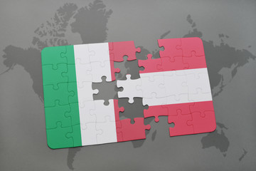 puzzle with the national flag of italy and austria on a world map background.