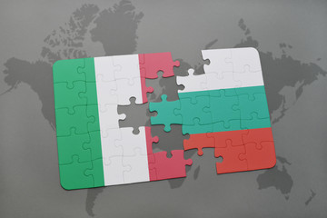 puzzle with the national flag of italy and bulgaria on a world map background.