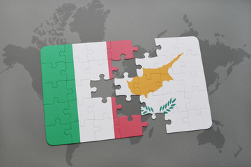 puzzle with the national flag of italy and cyprus on a world map background.