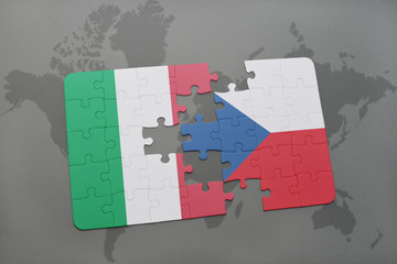 puzzle with the national flag of italy and czech republic on a world map background.