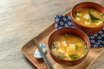 classic miso soup with tofu and wakame seaweed