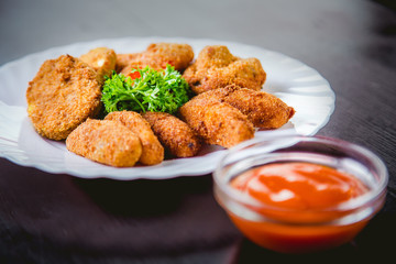 vegetables deep fried, french fries with ketchup tasty