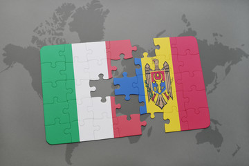 puzzle with the national flag of italy and moldova on a world map background.