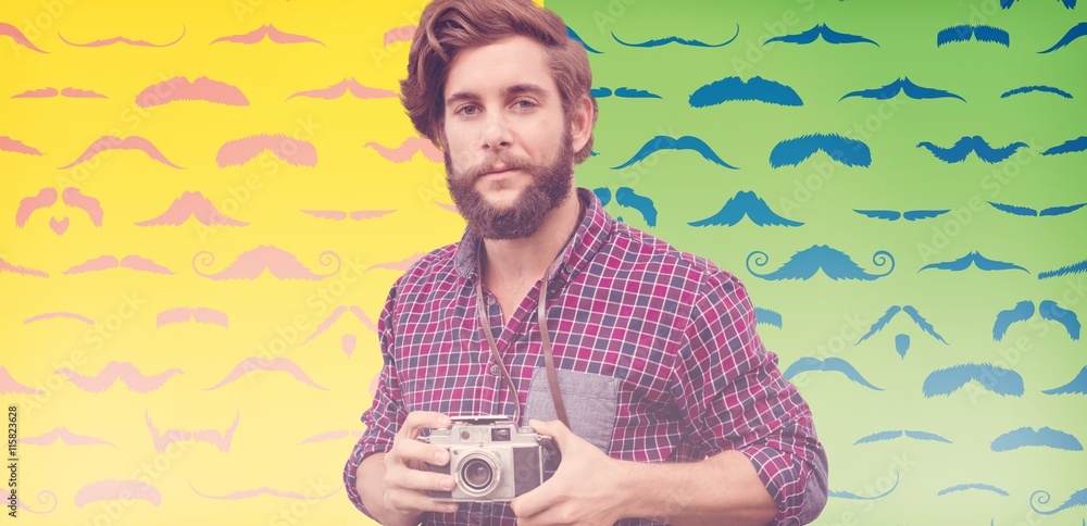 Poster composite image of portrait of confident hipster using camera