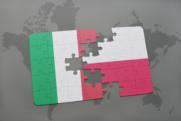 puzzle with the national flag of italy and poland on a world map background.