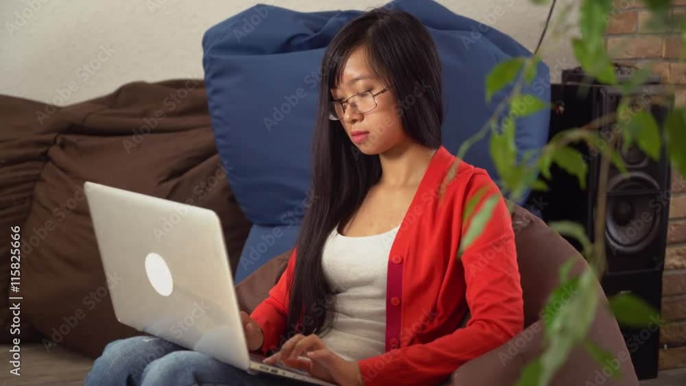 Poster young woman working on the computer or chats with friend in social networking. female writing email 