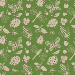 Hand-drawn Vintage Seamless Pattern with Insects
