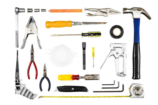 an assortment of tools on a white background