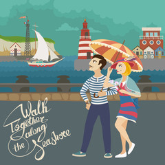 Lovers Walking on the Seashore Retro Illustration