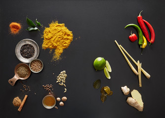curry ingredients in the dark background