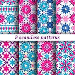 Set of eight seamless patterns with symbols of male and female gender. Swatches included
