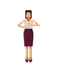 illustration isolated of European woman with dark hair, earrings, blouse, touch screen and laptop