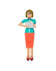 illustration isolated of European light brown hair woman, in glasses,  with skirt, blouse, laptop