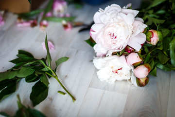 Bouquet of peonies in workshop