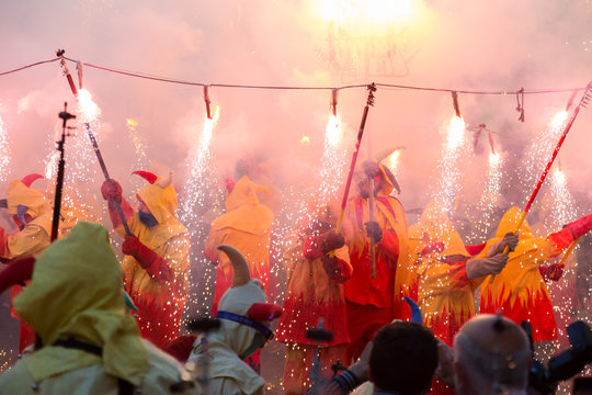 Show with  fireworks on the town square at Badalona