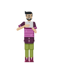 illustration isolated European dark-haired man glasses with beard, hipster striped T-shirt,   laptop
