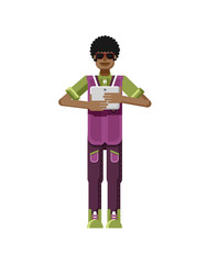 illustration isolated of African American man dark hair, with laptop