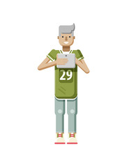 illustration isolated of European blonde man in sports shirt and sweatpants,  with laptop