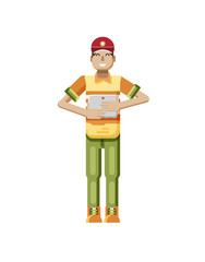 illustration isolated of European man with dark hair, huge smile in red cap,   laptop