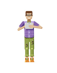 illustration isolated of European man in purple checkered shirt, pants, patches, in glasses,  with laptop