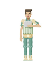 illustration isolated of European man with light brown hair,   laptop