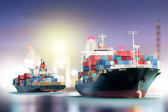 Blur bokeh of harbor with Container Cargo freight ship and crane