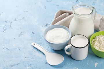 Obraz na płótnie Canvas Dairy products on stone table