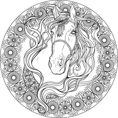 horse in frame of floral elements. Coloring page.