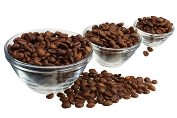 Coffe beans in glass bowls isolated