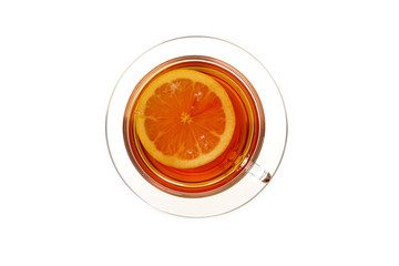 Cup of tea with lemon on white backrgound