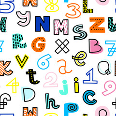Vector seamless pattern with funky, hand drawn alphabet and numbers