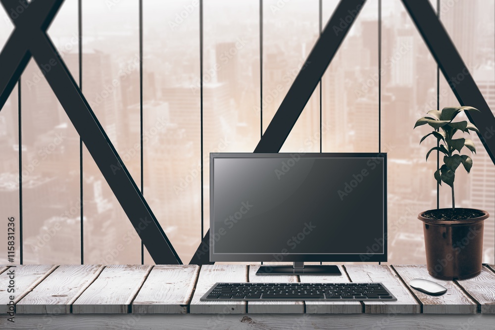 Poster composite image of a computer over a desk