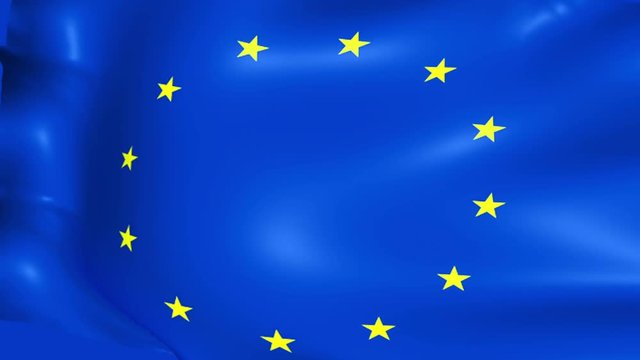 close up of waving flag of european union, yellow star and blue background, eu flag, seamless looping 3D rendering