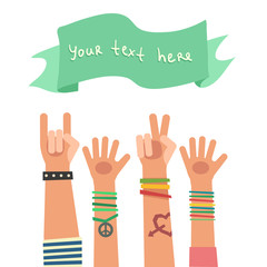 Colorful flat background with a lot of hands of young people and ribbon for a text. Vector Illustration