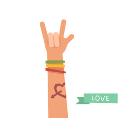 A hand up showing Love sign. A hand with Love tattoo and colorful friendship bracelets. Colorful vector illustration in flat style isolated on white