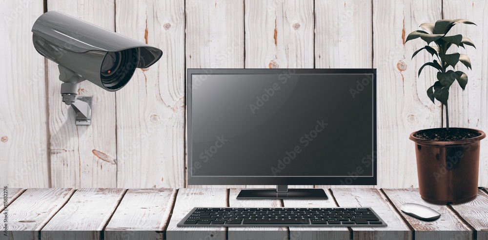 Poster composite image of a computer over a desk