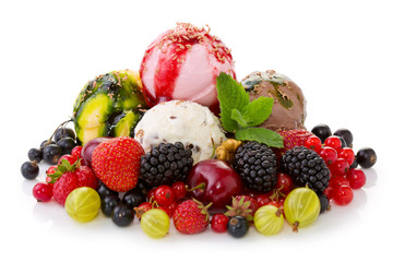 Mixed ice cream with fruits isolated .