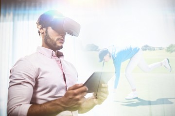 Composite image of female golfer picking up golf ball 